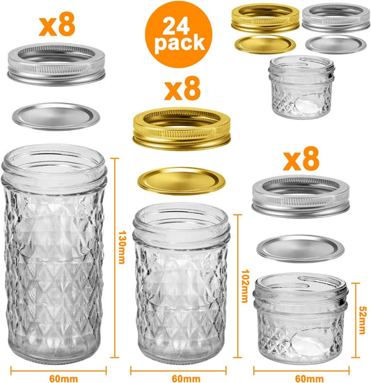 Mason Jars Canning Jars, 24 Pack Jelly Jars with Regular Lids, Ideal for Jam, Honey, Wedding / Shower Favors, DIY Magnetic Spice Jars - 4 OZ X 8, 8 OZ X 8, 12 OZ X 8 (4Oz -8Oz-12Oz)