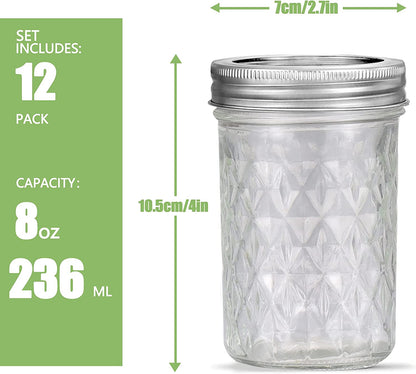 8 Oz Mason Jars with Lids and Bands-Set of 12, Quilted Crystal Jars Ideal for Jams, Jelly, Kitchen Spice,Wedding Favors,Diy Gift, Fruit Syrups, Chutneys, and Pizza Sauce