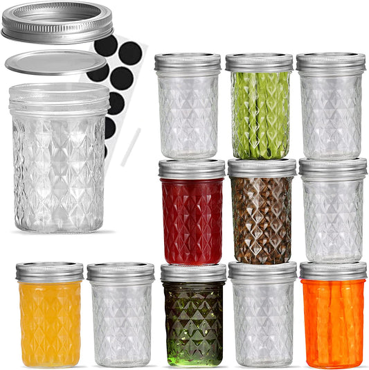 8 Oz Mason Jars with Lids and Bands-Set of 12, Quilted Crystal Jars Ideal for Jams, Jelly, Kitchen Spice,Wedding Favors,Diy Gift, Fruit Syrups, Chutneys, and Pizza Sauce